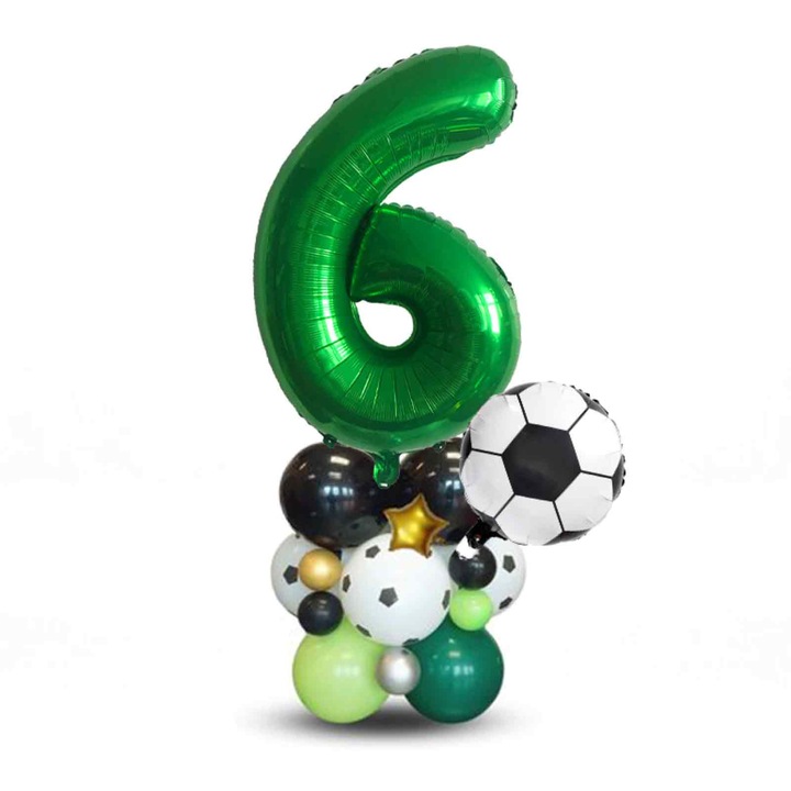 6. születésnapi foci lufi készlet, 6-os szám, sötétzöld, 25 lufi, sport témájú, nemű semleges