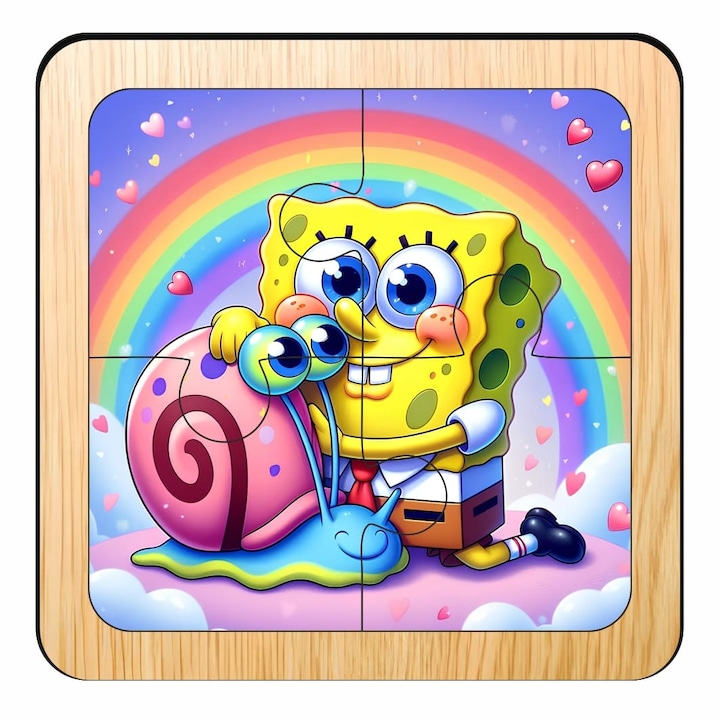 Fa puzzle, Spongyabob, 4 db, Többszínű, 10×10 cm, PDUV094