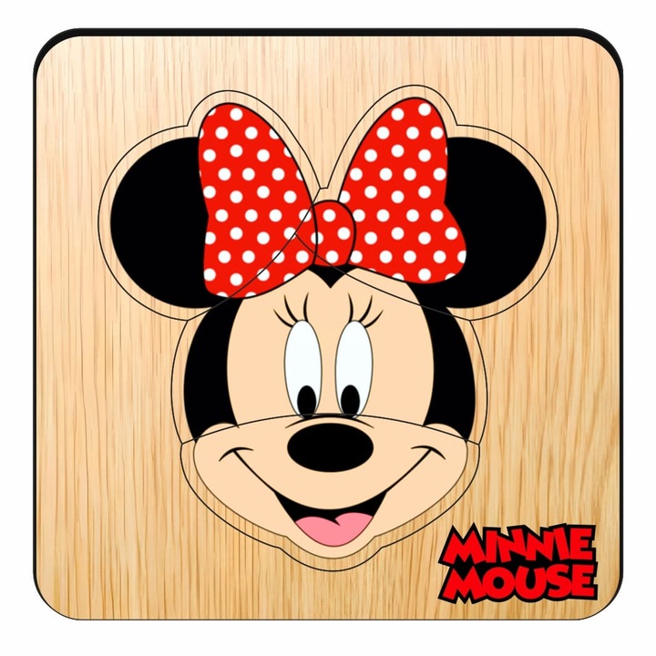 Puzzle din lemn, Minnie Mouse, 4 piese, Multicolor, 12×12 cm, PDUV126