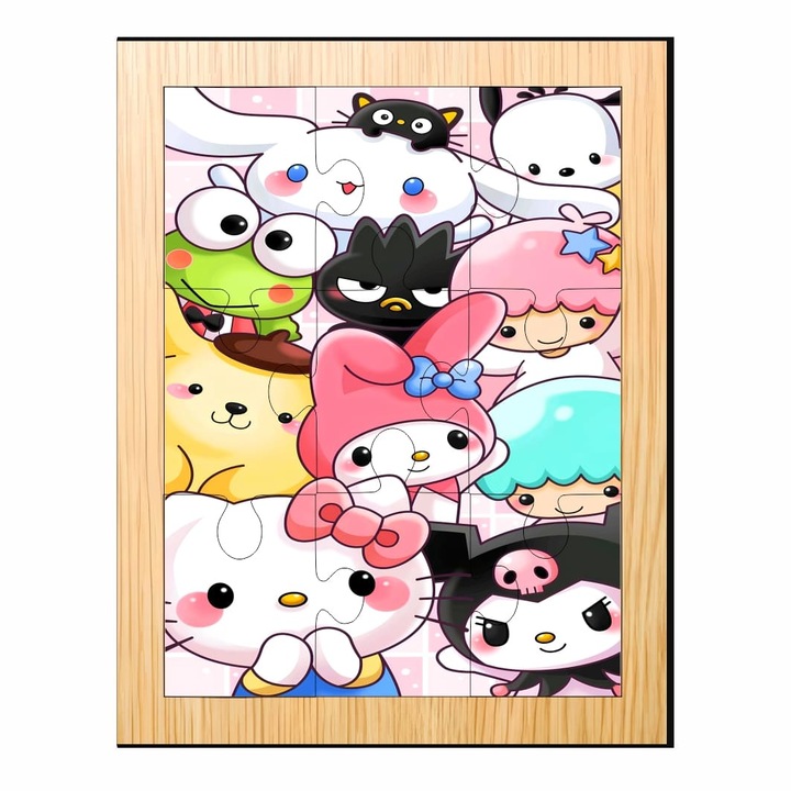 Puzzle din lemn, Hello Kitty and Friends, 9 piese, Multicolor, 15×12 cm, PDUV086