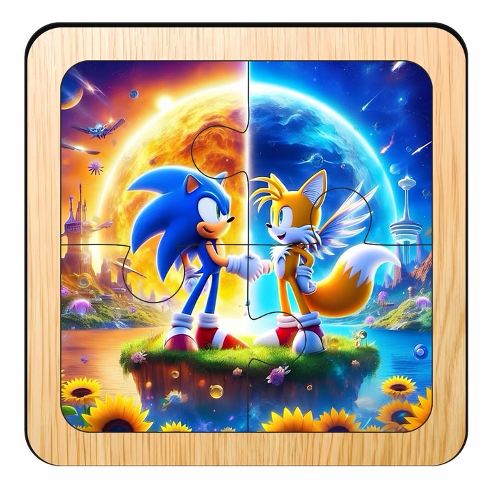 Puzzle din lemn, Sonic, 4 piese, Multicolor, 10×10 cm, PDUV104