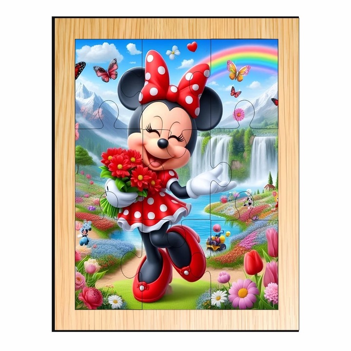 Puzzle din lemn, Minnie Mouse, 9 piese, Multicolor, 15×12 cm, PDUV068