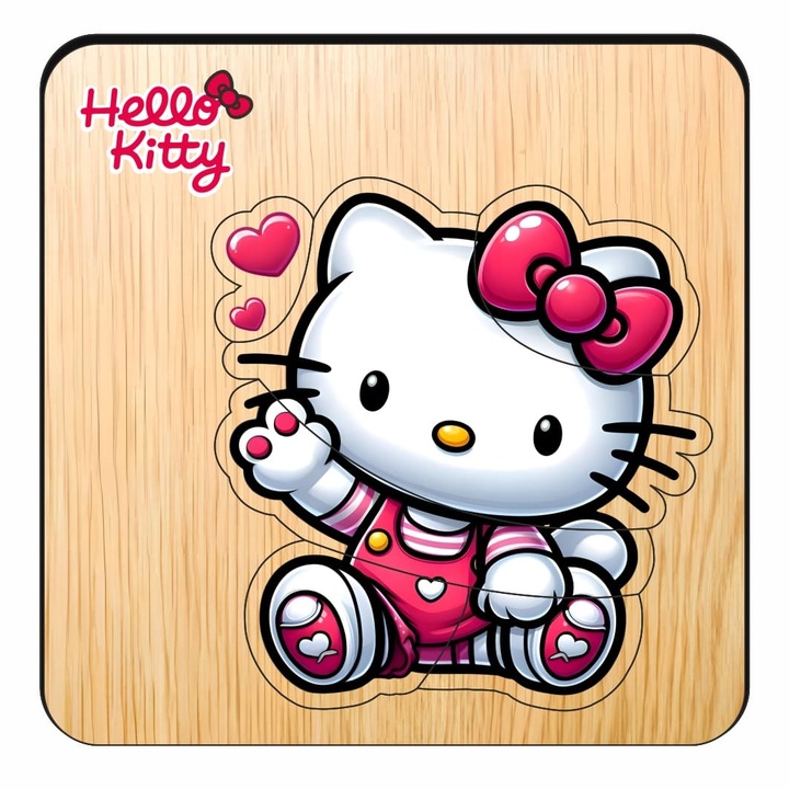 Puzzle din lemn, Hello Kitty, 6 piese, Multicolor, 12×12 cm, PDUV121