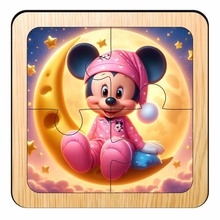 Puzzle din lemn, Minnie Mouse, 4 piese, Multicolor, 10×10 cm, PDUV102