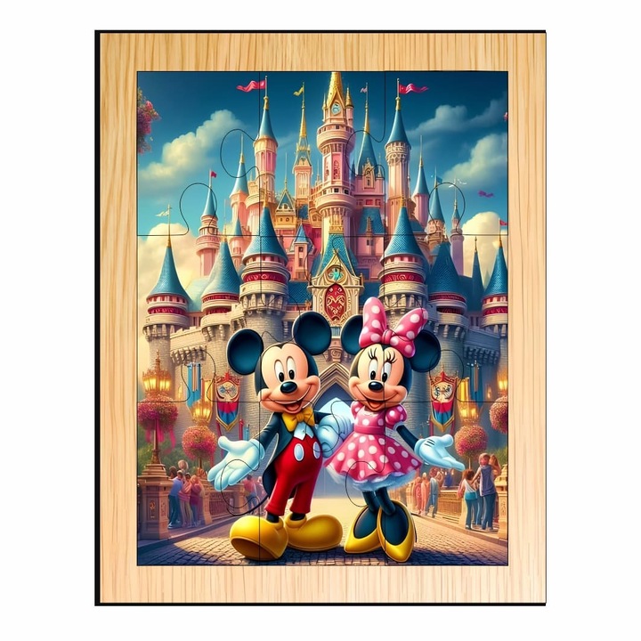 Puzzle din lemn, Minnie Mouse, Mickey Mouse, 9 piese, Multicolor, 15×12 cm, PDUV067