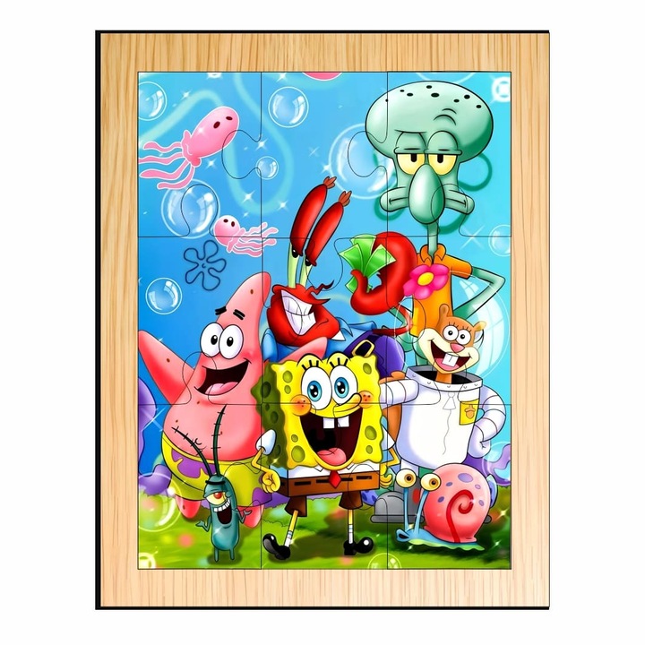 Fa puzzle, Spongyabob, 9 db, Többszínű, 15×12 cm, PDUV058