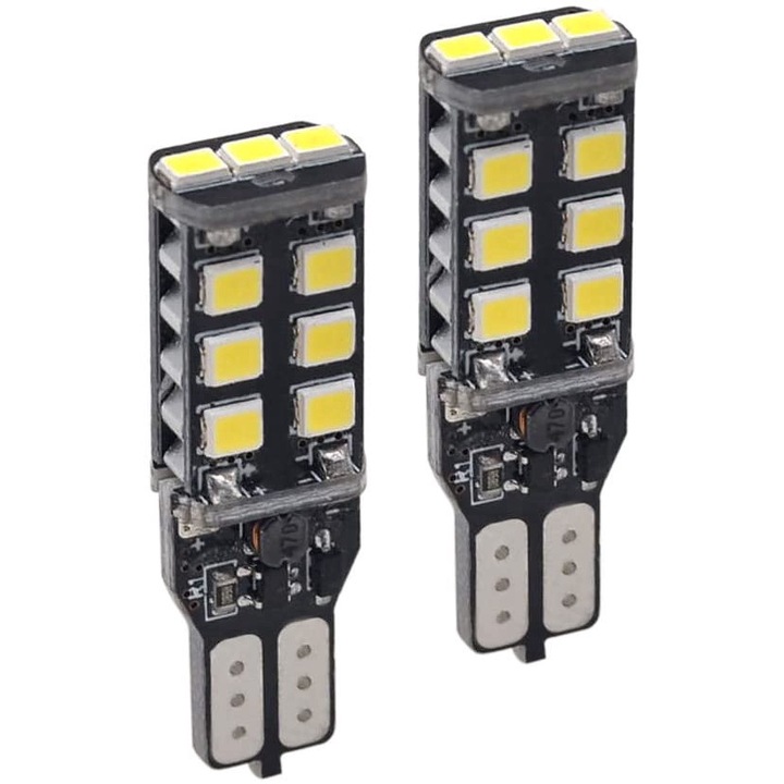 Set 2X Blister Bec Led T10, 15 SMD, W5W, Canbus, 12V, Pentru Pozitie, Plafoniere, Portbagaj, Lumina Alb 6000k