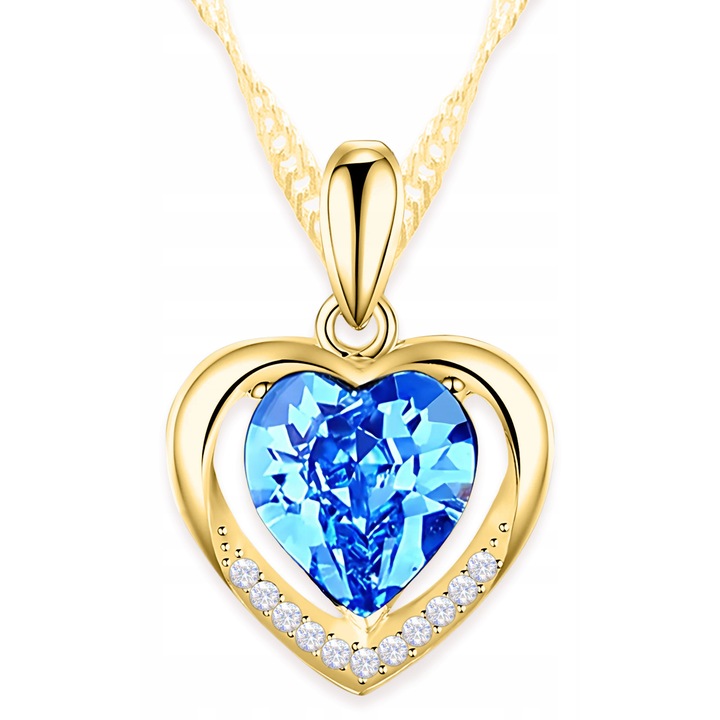 Colier, Larezo, Inima Albastra, Argint 925, Zirconiu, 42 cm + 3 cm, Greutate 3.2 g, Antialergic, Set Cu Cutie Pentru Bijuterii, Auriu