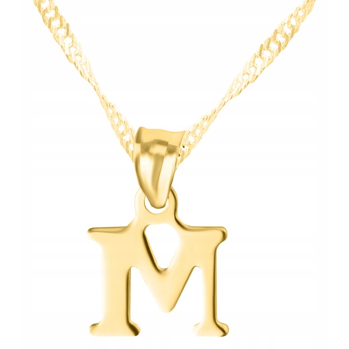 Colier, Larezo, Litera M, Argint 925, 42 cm + 3 cm, Pandantiv 2 cm, Antialergic, Set Cu Cutie Cadou, Auriu