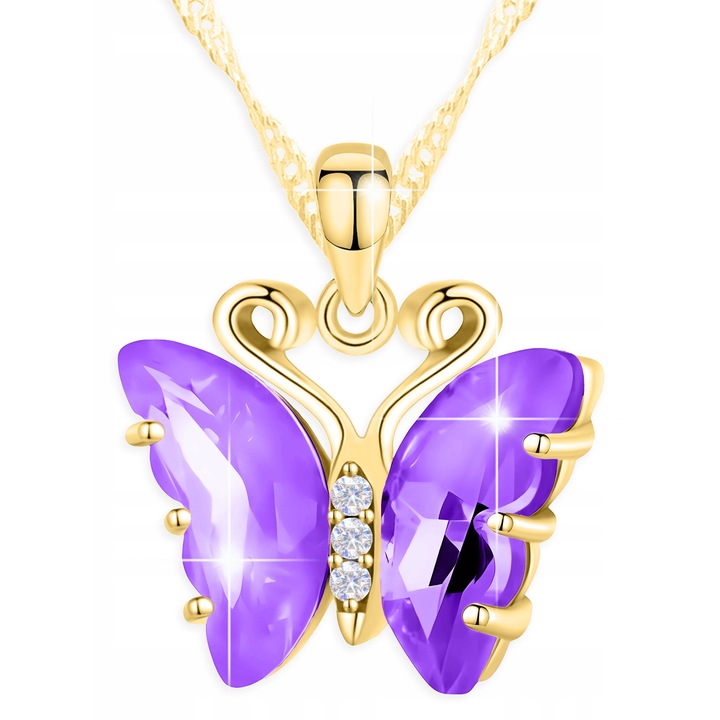 Colier, Larezo, Fluture Din Cristal, Argint 925, 42 cm + 3 cm, Zirconiu, Pentru Femei, Greutate 4.3 g, Latime 1.95 cm, Cutie Premium Pentru Bijuterii, Auriu