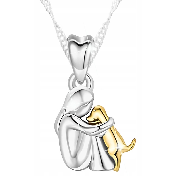 Colier, Larezo, Fetita Cu Cainele, Argint 925, Lungime 42 cm + 3 cm, Greutate 3.3 g, Antialergic, Pandantiv 20 mm, Ambalaj Premium Pentru Bijuterii, Argintiu