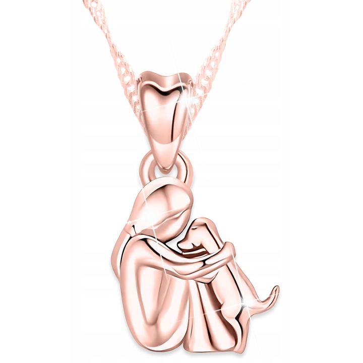 Colier, Larezo, Fetita Cu Cainele, Argint 925, Lungime 42 cm + 3 cm, Dimensiuni Pandantiv 20 mm x 13 mm, Antialergic, Ambalaj Premium Pentru Bijuterii, Roz