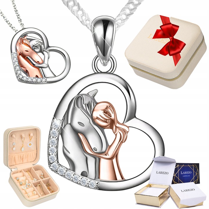 Colier, Larezo, Colier Argintiu Cu Pandantiv In Forma De Cal, Argint 925, Zirconii, Lungime 42 cm + 3 cm Extensie, Dimensiuni Pandantiv 1.8 cm, Set Cu Cutie Pentru Bijuterii, Argintiu