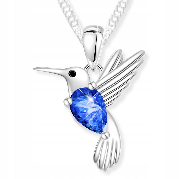 Colier, Larezo, Pasare Cristalina, Argint 925, Zirconii, Lungime 42 cm + 3 cm, Dimensiuni Pandantiv 1.8 cm, Antialergic, Set Cu Cutie Pentru Bijuterii, Argintiu