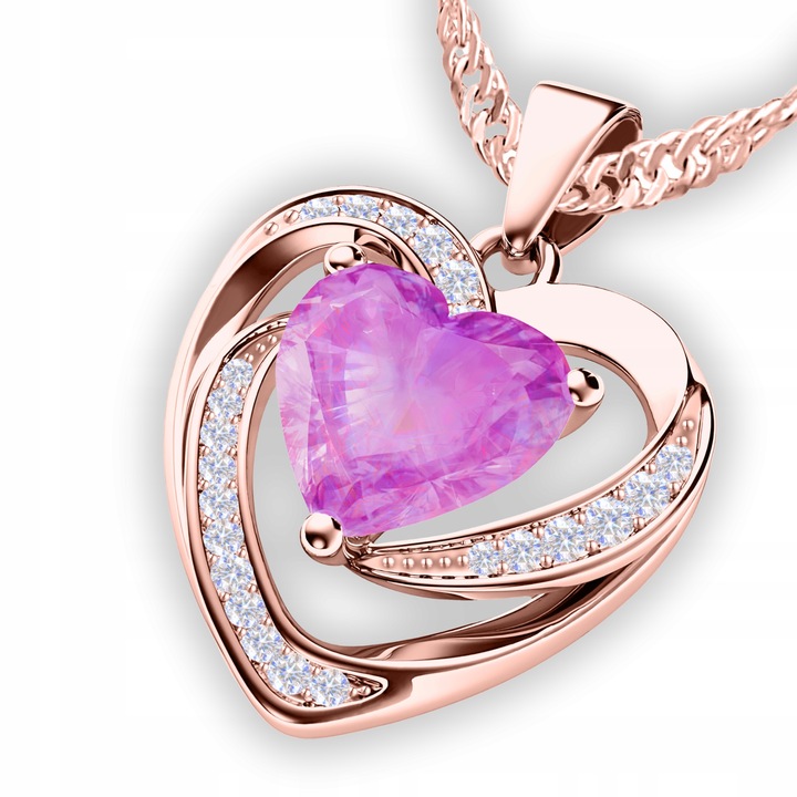 Colier, Larezo, Argint Cu Pandantiv In Forma De Inima, Argint 925, Zirconii, Lungime 42 cm + 3 cm, Antialergic, Pentru Femei, Cutie Premium Pentru Bijuterii, Aur Roz
