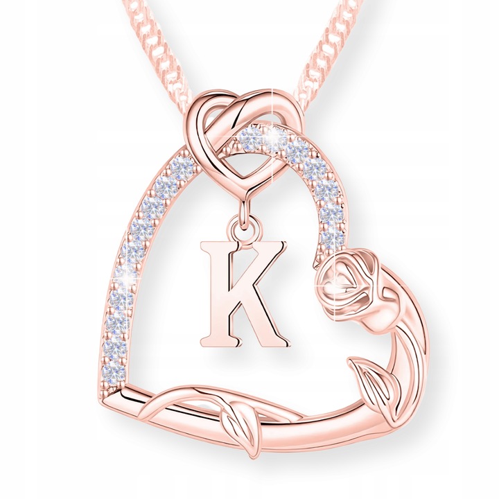 Colier, Larezo, Litera, Argint 925, Zirconii, 42 cm + 3 cm, 21 mm x 18 mm, Antialergic, Pentru Femei, Cutie Premium Pentru Bijuterii Cadou, Aur Roz