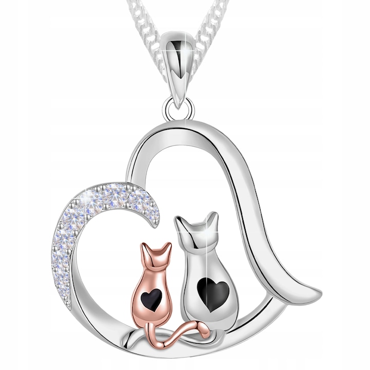 Colier, Larezo, Inima Cu Pisici, Argint 925, Zirconii, Lungime 42 cm + 3 cm, Greutate 3.5 g, Pandantiv 2.3 cm, Ambalaj Premium Pentru Bijuterii, Argintiu