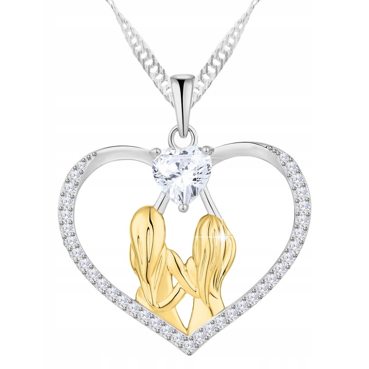 Colier, Larezo, Inima Prietenei, Argint 925, Zirconii, Lungime 42 cm + 3 cm, Dimensiuni Pandantiv 20 mm x 23 mm, Greutate 4 g, Set Cu Cutie Pentru Bijuterii Premium, Argintiu