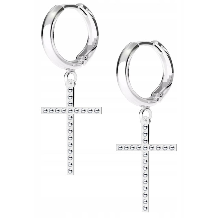 Cercei, Larezo, Crucifix Swarovski, Argint 925, Zirconii, Inaltimea Pandantivului 2.2 cm, Inchidere Englezeasca, Ambalaj Pentru Cadou, Argintiu