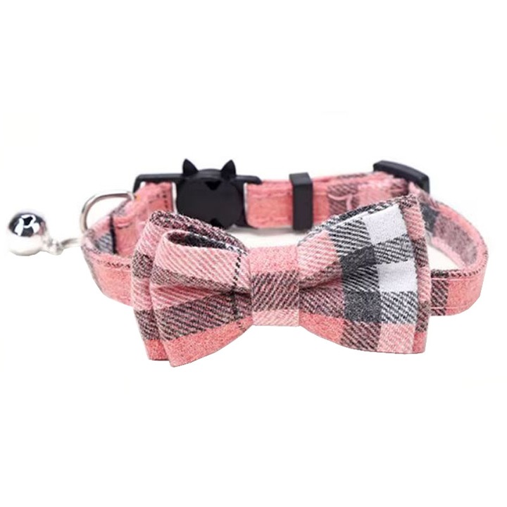 Zgarda Papion si Clopotel, pentru Animale mici, Marime S, Ajustabila, Textil, Roz