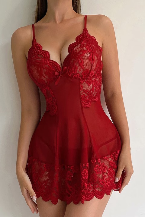 Rochie sexy lenjerie, Dicollas®. decolteu V si spate gol, dantela, Rosu