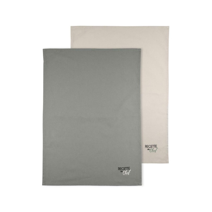 Set de prosoape de bucatarie, STOF, Duo, Bumbac, Culori diverse, Broderie "recette de chef", 2 bucati, Multifunctional, Robust, 50 x 70 cm