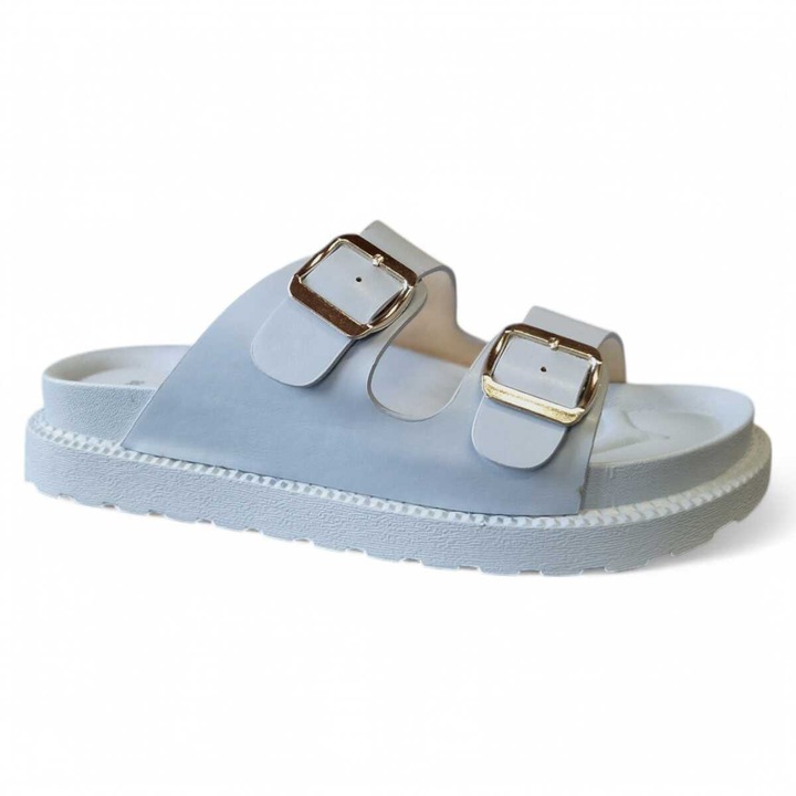 Papuci de plaja pentru femei Fashion, talpa groasa trendy, cu doua barete reglabile cu catarame, Albastru, 38 EU