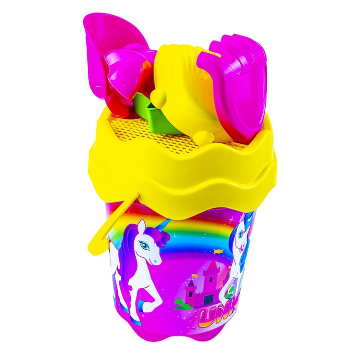 Galetusa desen unicorn, cu 7 accesorii, dimensiuni 15x14x26 cm, Robentoys