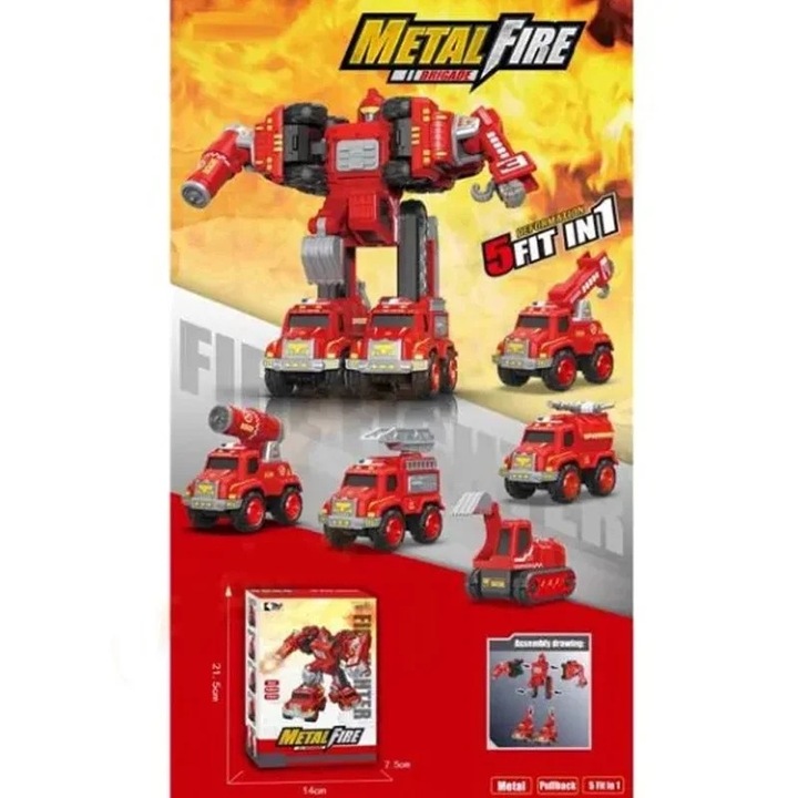 Деформируем робот 5 в 1, метална тел, издърпване, височина 19 см, червен