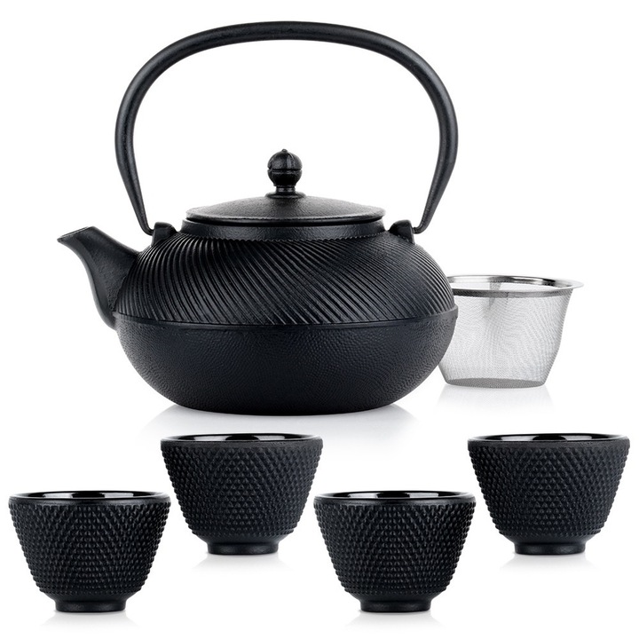 Set de ceainic cu infuzor si cani, Vilde, Fonta, Negru, Capacitate ceainic 1 l, 4 cani de 60 ml, Stil japonez, Pentru infuzarea ceaiului si ierburilor