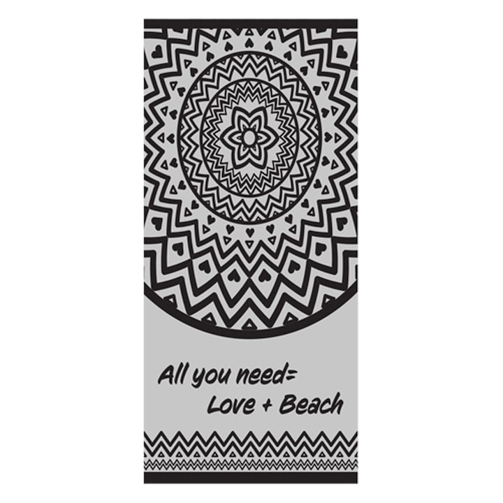 Сива кърпа Mandala "All you need=love+beach" за плажа 180x100см