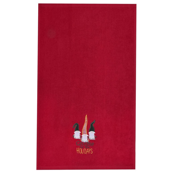 Червена коледна памучна кърпа с бродирани фигурки на гномчета 60x40см