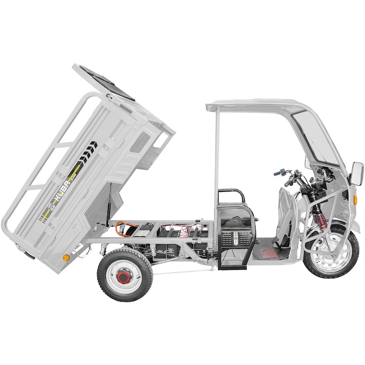 Triciclu ELECTIC KUBA GL35000 ALB FARA PERMIS Carte RAR INCLUSA cu Cabina Acoperita Parbriz Ghidon bord digital tip tableta putere 1500 W viteza 25 km/h bena basculabila obloane rabatabile autonomie 70 km, motor 72 V/58 AH, KUBAMOTOROFICIAL