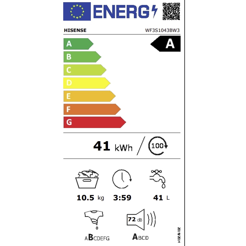 Masina de spalat rufe Hisense WF3S1043BW3, 10, 5 kg, 1400 rpm