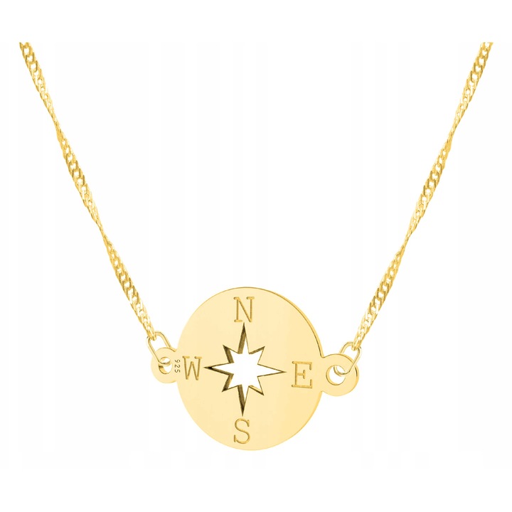 Colier Dama, Larezo, Pandantiv busola, Argint, 100% argint 925 placat cu aur, Bijuterii antialergice, Lungime 45 cm, Cutie eleganta, Latime pandantiv 1 cm, Accesoriu elegant, Accesoriu elegant, Culoare aur