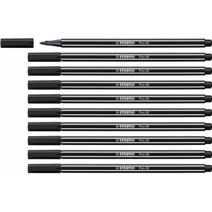 Carioci Stabilo Pen 68, negru, set 10 bucati, cerneala pe baza de apa, grosime 1 mm