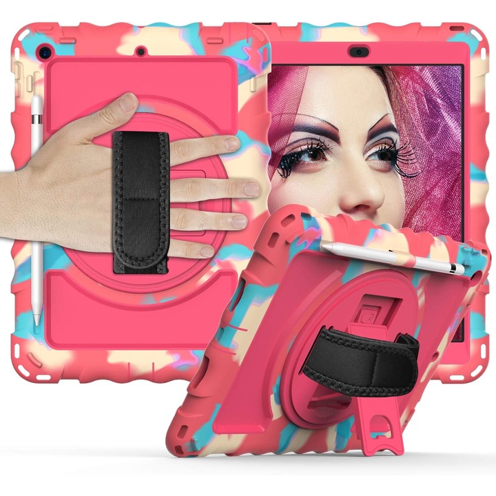 Husa compatibila cu iPad 6/5/Pro 9,7" cu suport si curea de umar, roz