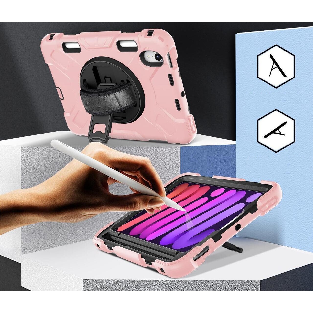 Husa compatibila cu iPad Mini 6 8,3" cu suport rotativ, roz