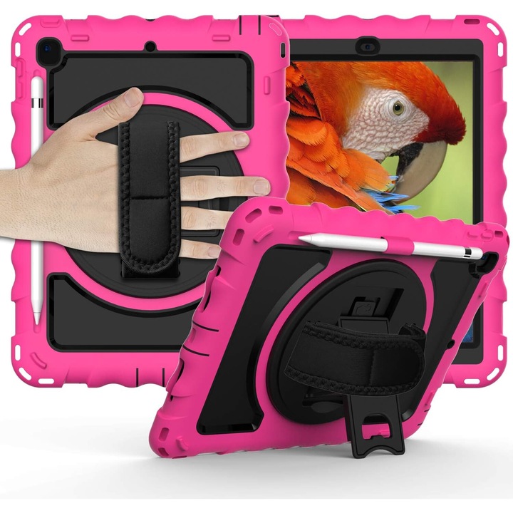 Husa compatibila cu iPad 6/5/Pro 9,7" cu suport si curea de umar, roz