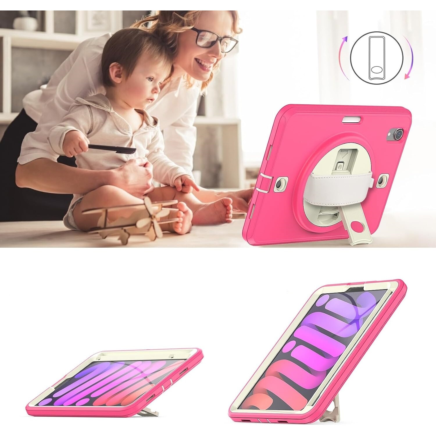 Husa compatibila cu iPad Mini 6 8,3” cu suport si curea de umar, roz