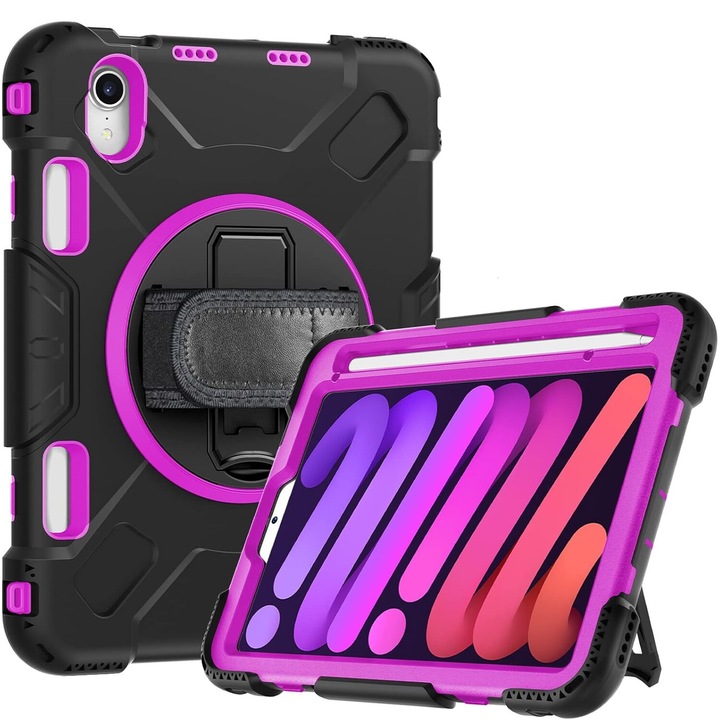 Husa compatibil cu iPad Air 5/Air 4 10.9", 3 straturi, suport rotativ, neagra