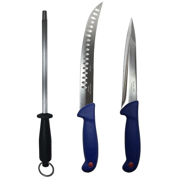 Set profesional de macelarie, 2 cutite otel carbon, injunghiat, transat, degresat, masat pentru ascutit, Dactylion®