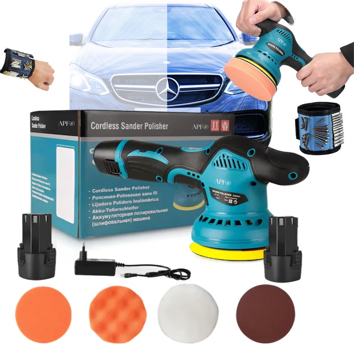 APF® 12V Random Orbital Polisher, 125 mm, 8 скорости, 2 батерии, + магнитна гривна