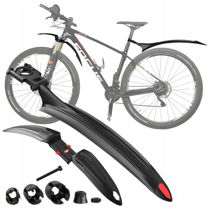 Kerékpár sárvédők, Univerzális, Elöl és hátul, 2 darabos készlet, 24-29 colos kerekekhez, Polipropilén anyag, Fényvisszaverő elemek, Szög állítás, Gyorskioldó rendszer, Fekete