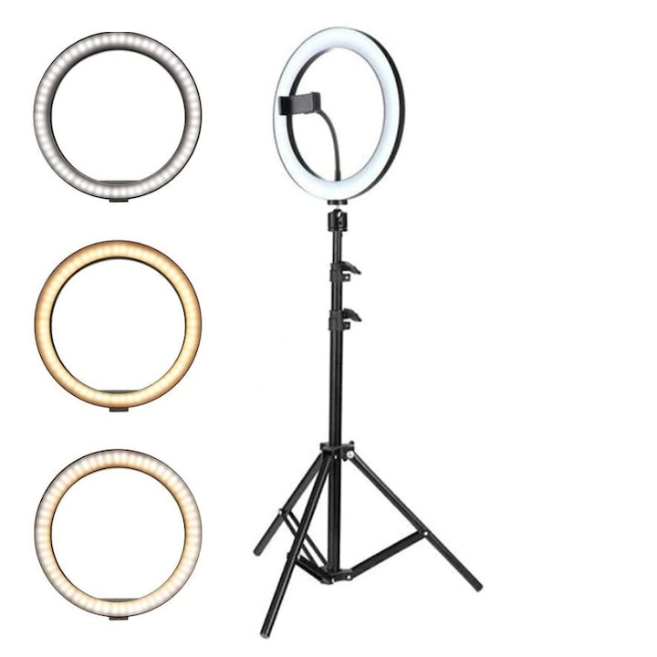 Macvi® Professional LED kör alakú lámpa, átmérő 30 cm (12 hüvelyk), USB-csatlakozás, 3 fénymód, szelfi távirányító és 210 cm-es állvány.