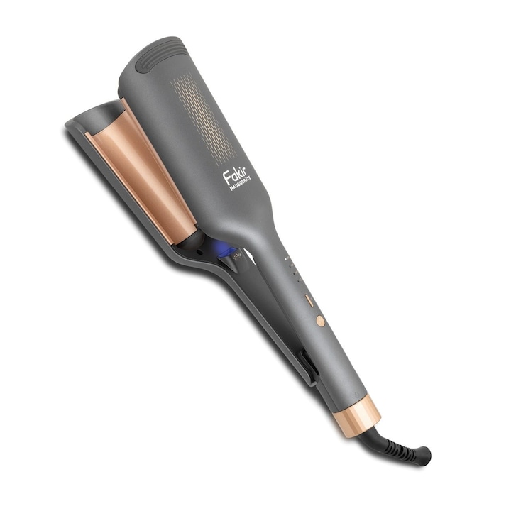 Placa de ondulat Fakir Ion Fusion Beach Waves, 100W, Invelis ceramic cu ulei de Argan, Ionizare Nano Water, 3 setari temp. (160-200°C), Cablu rotativ 360°, Husa inclusa, Antracit