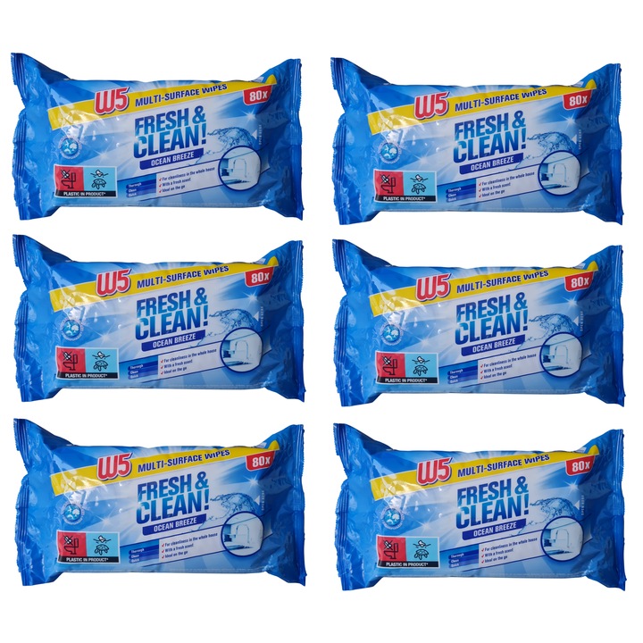 W5 Fresh Clean Multi-Surface Wet Wipes, 6 опаковки x 80, 480 броя
