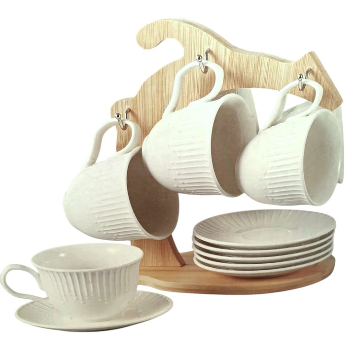 Set 6 Cesti 220 ml si 6 Farfurii Portelan pe Suport de Bambus