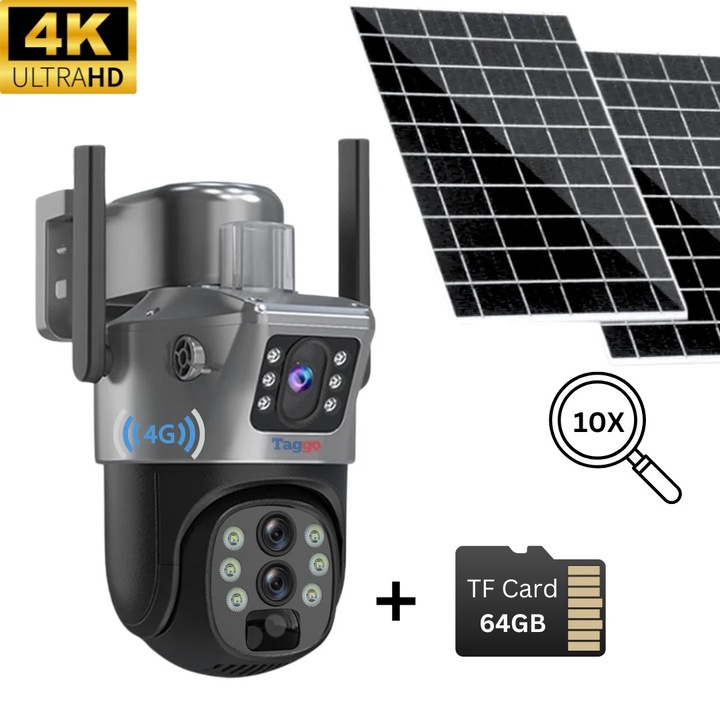 Szürke 4G 4K ULTRA HD megfigyelő kamera, 8 MP, 10X ZOOM, 2 x 10 W napelem, IP66 vízállóság + 64 GB kártya