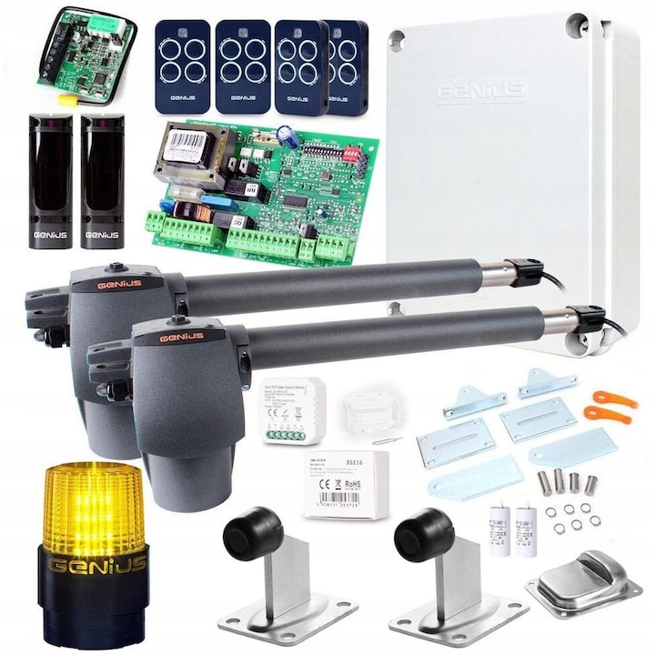 Set de automatizare porti, Genius, G-bat 400, Centrala electrica, 280 W, 230 V, Pentru porti cu doua aripi de pana la 4 m, Cu centrala genius brain 592, 4 telecomenzi, Multicolor